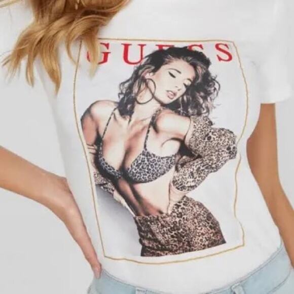 Guess Tops - Guess Classic Model T-Shirt Leopard White Print Glitter Design Size Medium